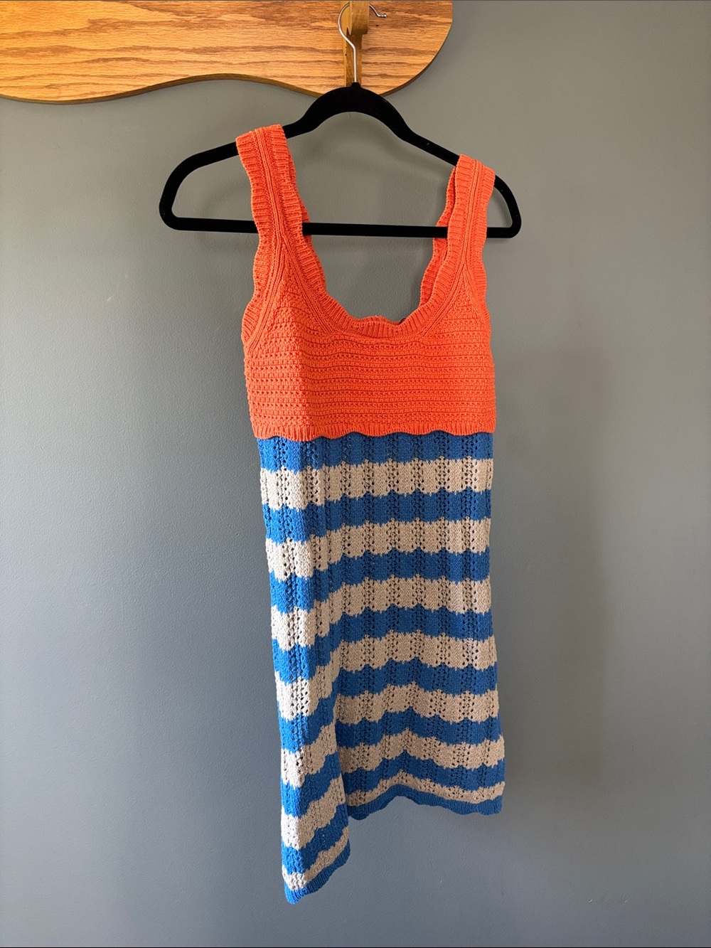 Zara Orange Bodice Blue and Cream Striped Crochet Mini Dress